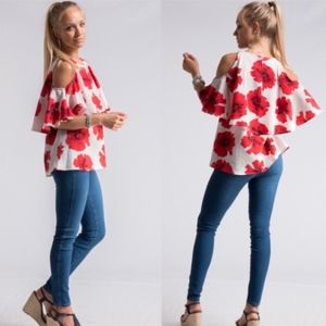 Fashionomics Tops - Big Red Floral Print Cold Shoulder Top NEW Fashionomics Tops - Big Red Floral Print Cold Shoulder Top NEW